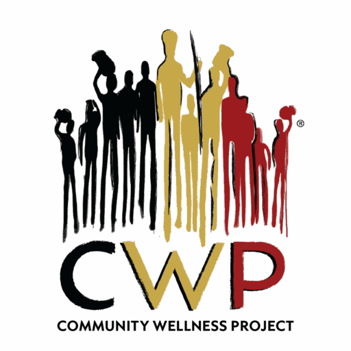 The community wellness project logo has groups of people drawn in a stylized African aesthetic above the words CWP community wellness project.
